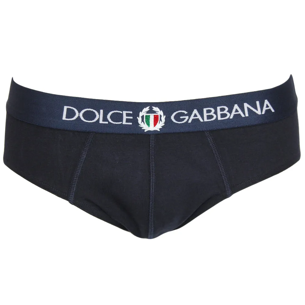 Stretch Cotton Mid-Rise Briefs With Crest, Navy Blue