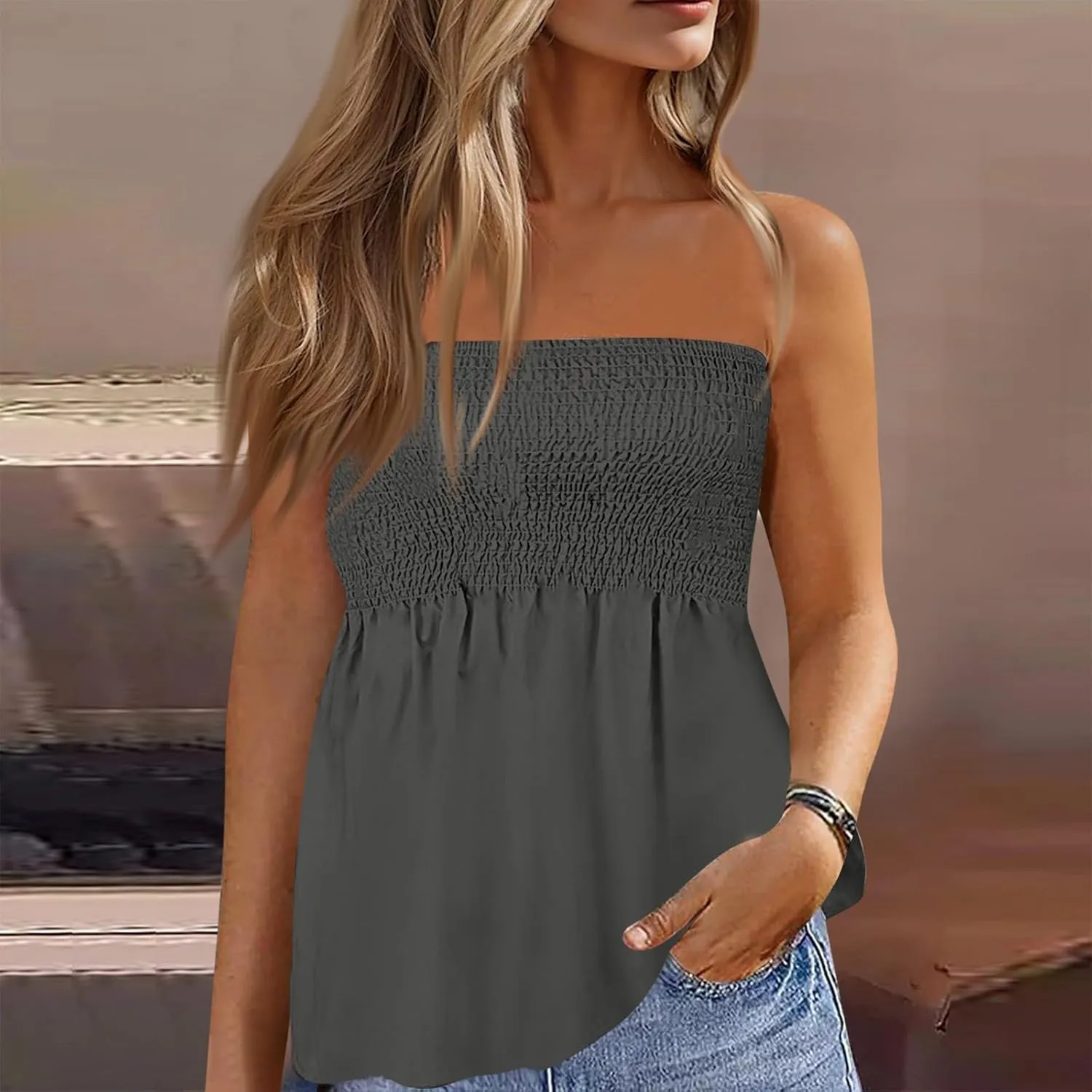 Tube Tops Women Elastic Trim Strapless Shirts Summer Casual Bandeau Tank Off The Shoulder Top Going Out Tunic
