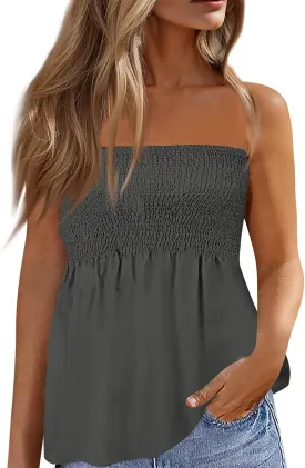 Tube Tops Women Elastic Trim Strapless Shirts Summer Casual Bandeau Tank Off The Shoulder Top Going Out Tunic