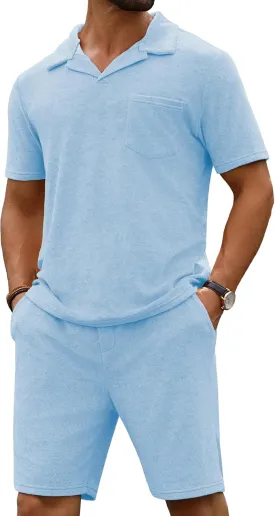 URRU Men's Polo Shirt and Shorts Set Summer Outfits Beach Terry Casual Short Sleeve 2 Piece Short Set for Men