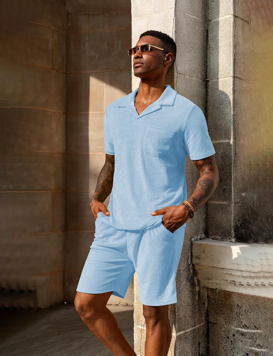 URRU Men's Polo Shirt and Shorts Set Summer Outfits Beach Terry Casual Short Sleeve 2 Piece Short Set for Men