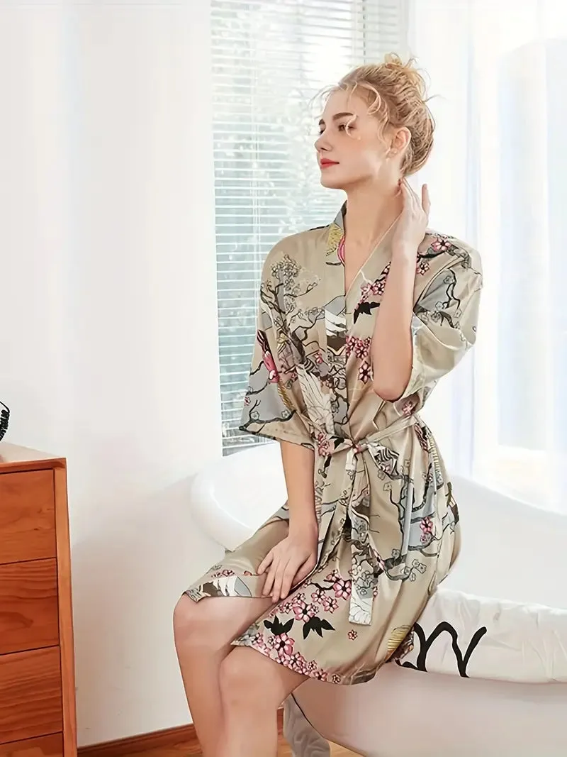 Vintage Cherry Blossom Nightdress - Flattering Half Sleeves, V-Neck, Adjustable Belt - Luxuriously Soft Women's Sleep Dress