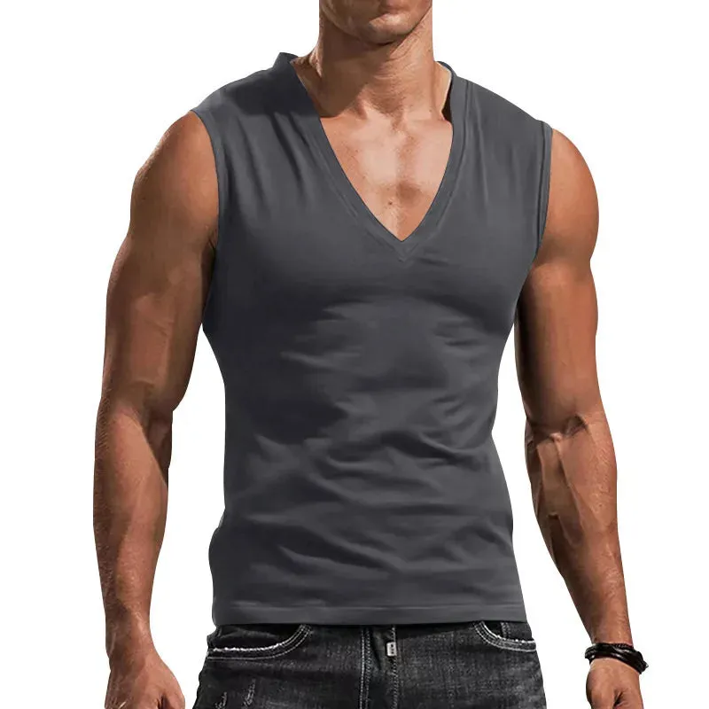 WIAOFELLAS  -  Men's Summer V-neck Sleeveless Vest Solid Color Casual Breathable Slim T-shirt Men's Fitness Sports Vest in A Variety of Colors