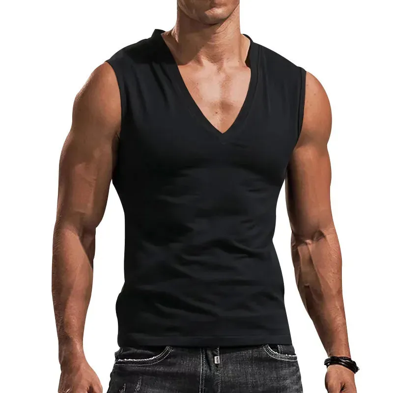 WIAOFELLAS  -  Men's Summer V-neck Sleeveless Vest Solid Color Casual Breathable Slim T-shirt Men's Fitness Sports Vest in A Variety of Colors