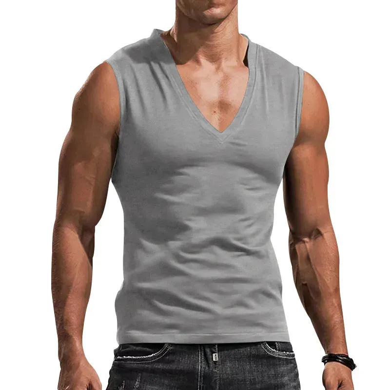 WIAOFELLAS  -  Men's Summer V-neck Sleeveless Vest Solid Color Casual Breathable Slim T-shirt Men's Fitness Sports Vest in A Variety of Colors