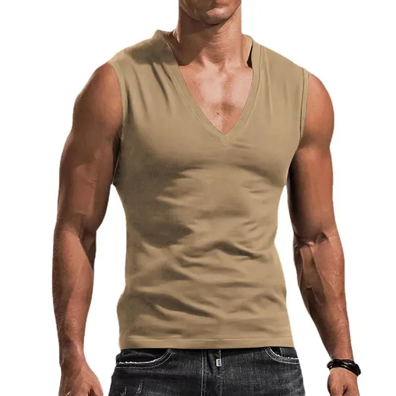 WIAOFELLAS  -  Men's Summer V-neck Sleeveless Vest Solid Color Casual Breathable Slim T-shirt Men's Fitness Sports Vest in A Variety of Colors