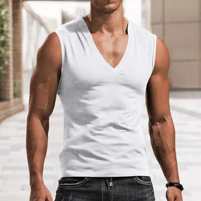 WIAOFELLAS  -  Men's Summer V-neck Sleeveless Vest Solid Color Casual Breathable Slim T-shirt Men's Fitness Sports Vest in A Variety of Colors