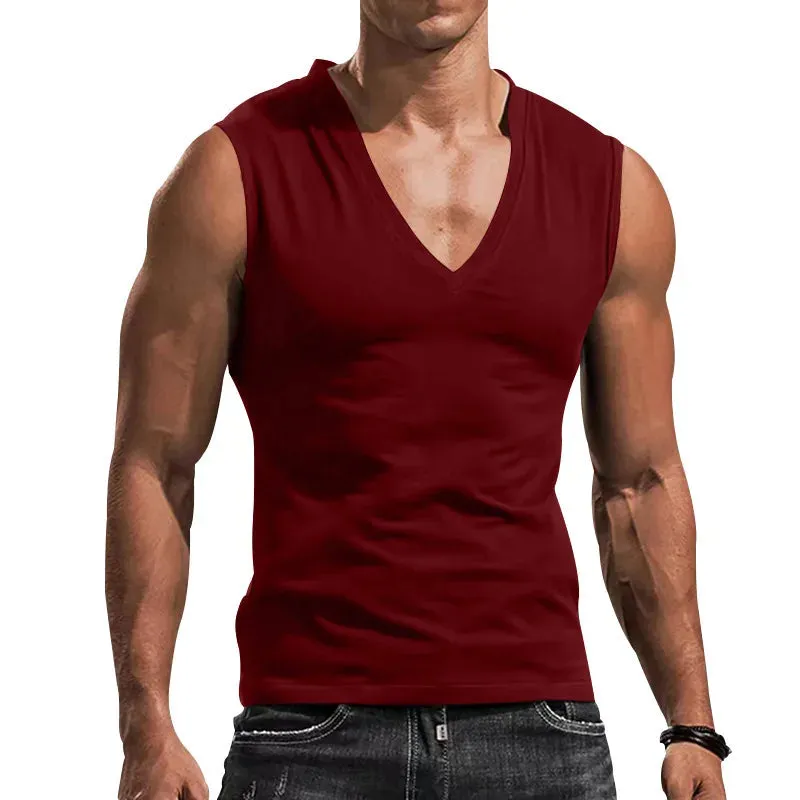 WIAOFELLAS  -  Men's Summer V-neck Sleeveless Vest Solid Color Casual Breathable Slim T-shirt Men's Fitness Sports Vest in A Variety of Colors