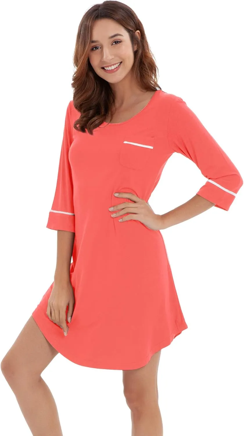 WiWi Bamboo Viscose Nightgowns for Women 3/4 Sleeve Nightshirts Sleep Shirt Plus Size Sleepwear Pajamas Dress S-4X