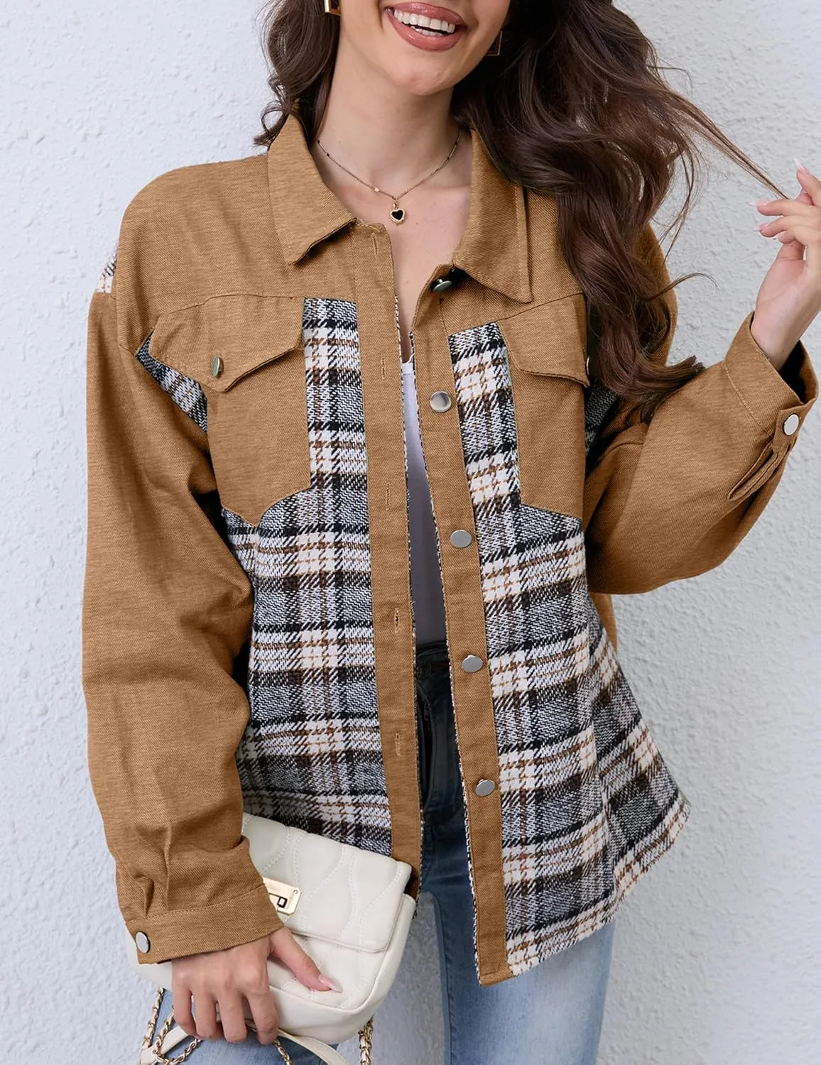 Women Denim Plaid Jacket Jean Shackets Button Down Lightweight Oversized Pocketed Coat Outfits Tops 2024 Fall Winter