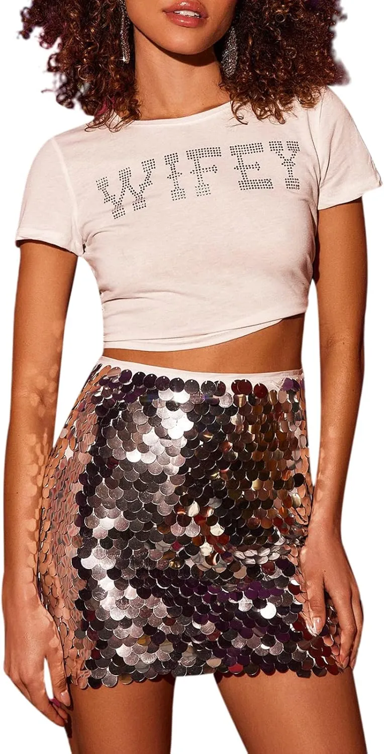 Women Shiny Sequin Mini Skirt Low Rise Y2k Glitter Pencil Skirts Bodycon Streetwear Sparkly Dance Party Short Skirt