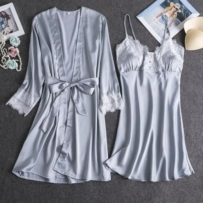Women Summer Pj 2 Piece Robe Set Sleepwear Kimono