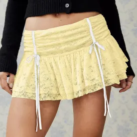 Women Y2K Lace Mini Skirt Cute Low Waist Flowy Pleated Short Skirt Vintage Layered Half Slip A-Line Skirt Streetwear