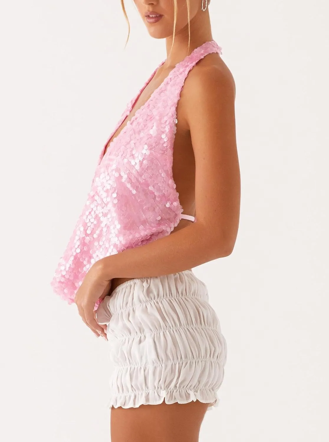 Women Y2k Sequin Beaded Cami Tops Backless Cowl Neck Spaghetti Strap Pearl Sparkle Glitter Cropped Tank Top