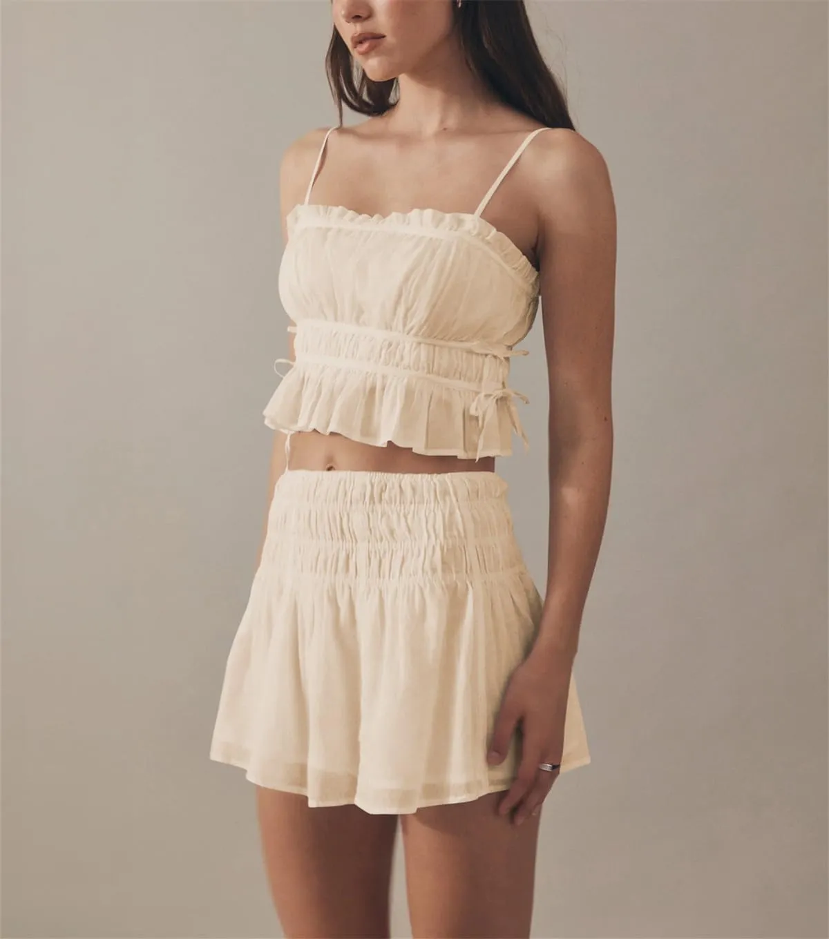 Women Y2K Spaghetti Strap Ruched Peplum Crop Cami Top Fairy Square Neck Tie Backless Ruffle Hem Cropped Tank Top