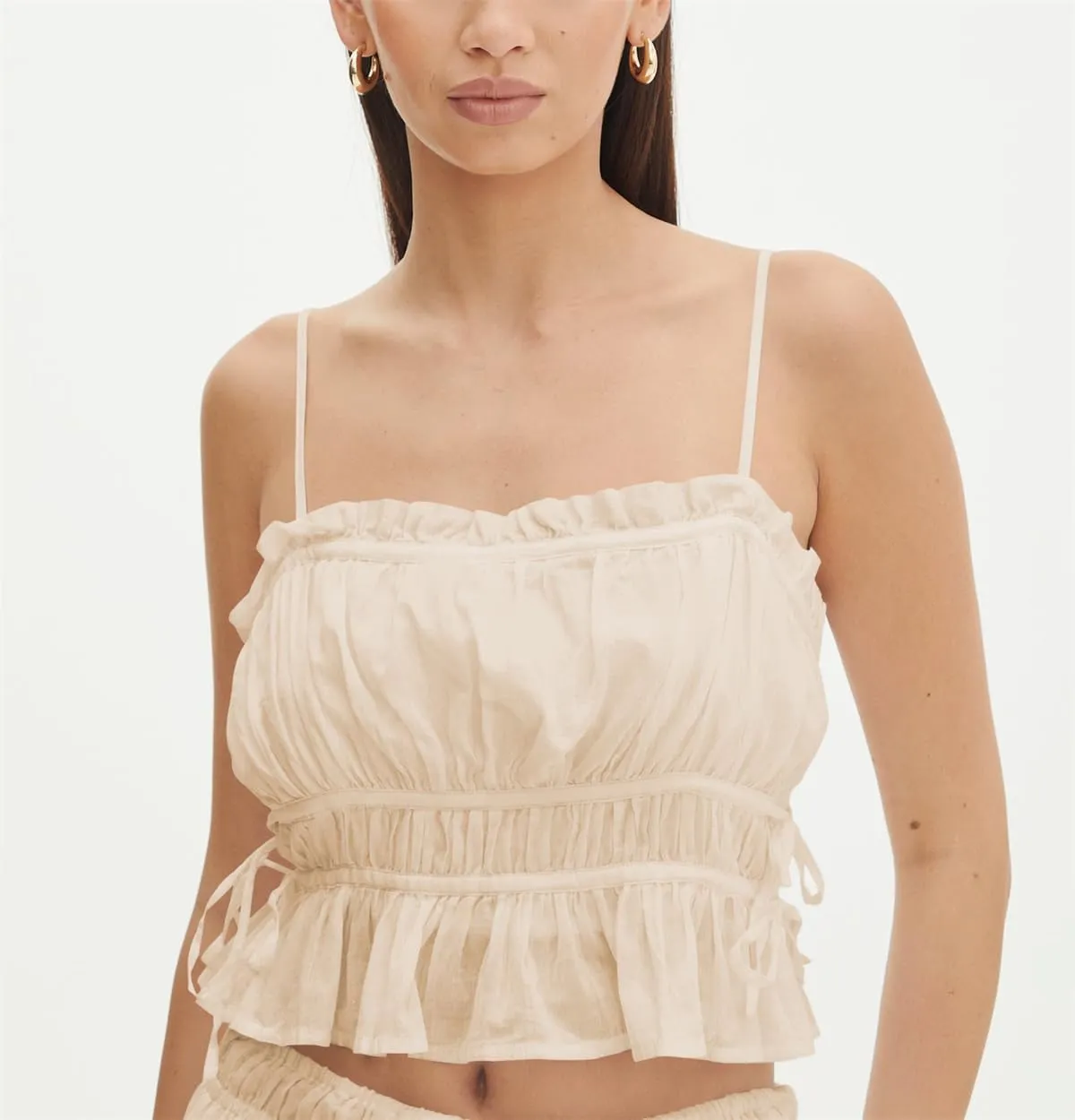 Women Y2K Spaghetti Strap Ruched Peplum Crop Cami Top Fairy Square Neck Tie Backless Ruffle Hem Cropped Tank Top