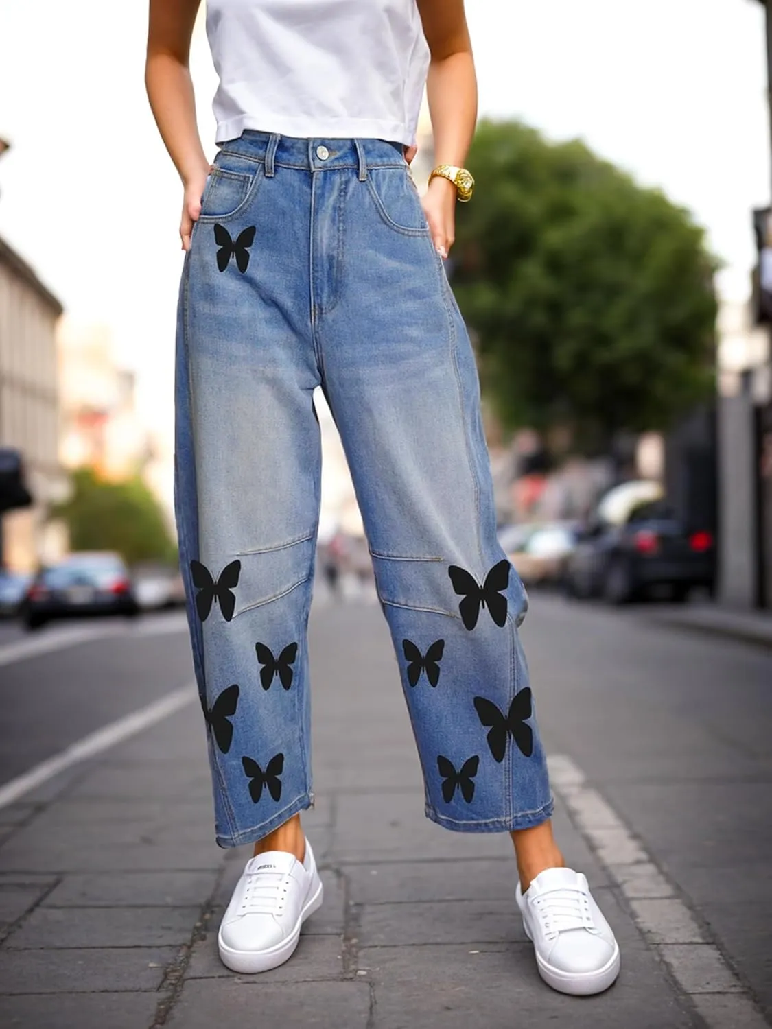Women's Baggy Barrel Boyfriend Jeans Mid Rise Wide Leg Butterfly Print Y2K Denim Ankle Pants Trendy 90s Barrel Leg Jeans