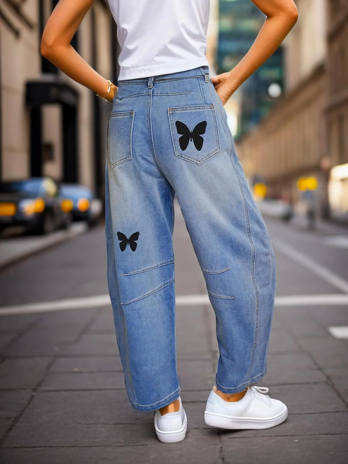 Women's Baggy Barrel Boyfriend Jeans Mid Rise Wide Leg Butterfly Print Y2K Denim Ankle Pants Trendy 90s Barrel Leg Jeans