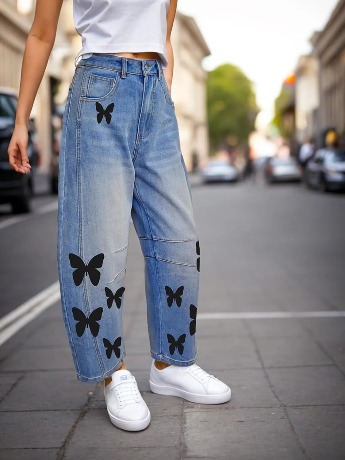 Women's Baggy Barrel Boyfriend Jeans Mid Rise Wide Leg Butterfly Print Y2K Denim Ankle Pants Trendy 90s Barrel Leg Jeans