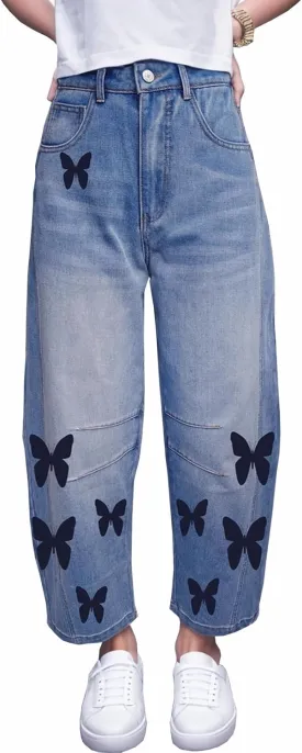 Women's Baggy Barrel Boyfriend Jeans Mid Rise Wide Leg Butterfly Print Y2K Denim Ankle Pants Trendy 90s Barrel Leg Jeans