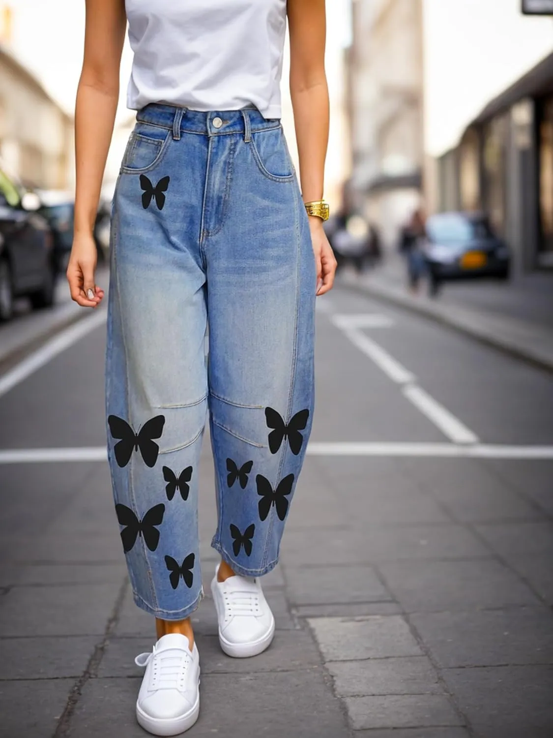 Women's Baggy Barrel Boyfriend Jeans Mid Rise Wide Leg Butterfly Print Y2K Denim Ankle Pants Trendy 90s Barrel Leg Jeans