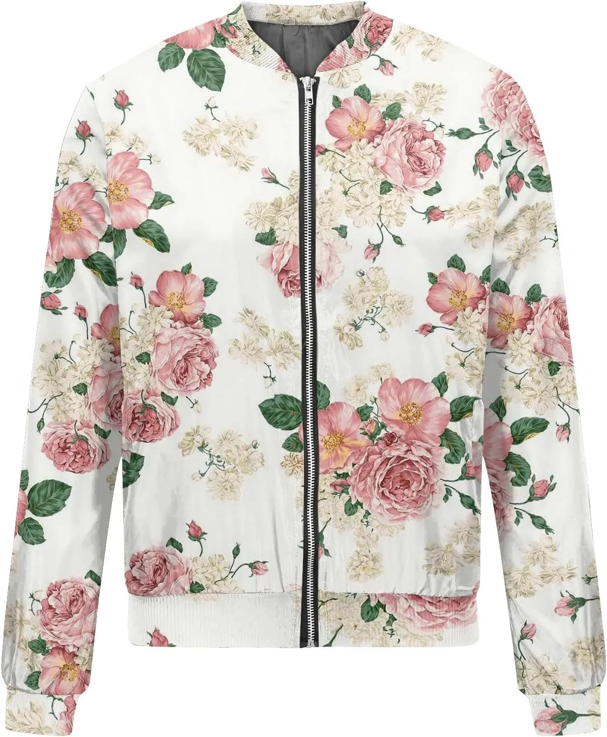 Womens Fashion Fall Bomber Jacket Casual Lightweight Coat Dressy Floral Printed Zip Up Outwear Gifts for Women