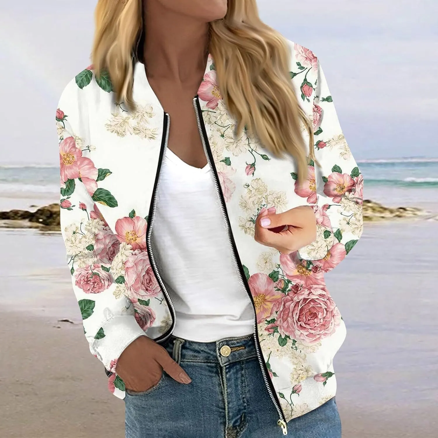 Womens Fashion Fall Bomber Jacket Casual Lightweight Coat Dressy Floral Printed Zip Up Outwear Gifts for Women