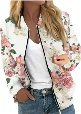Womens Fashion Fall Bomber Jacket Casual Lightweight Coat Dressy Floral Printed Zip Up Outwear Gifts for Women