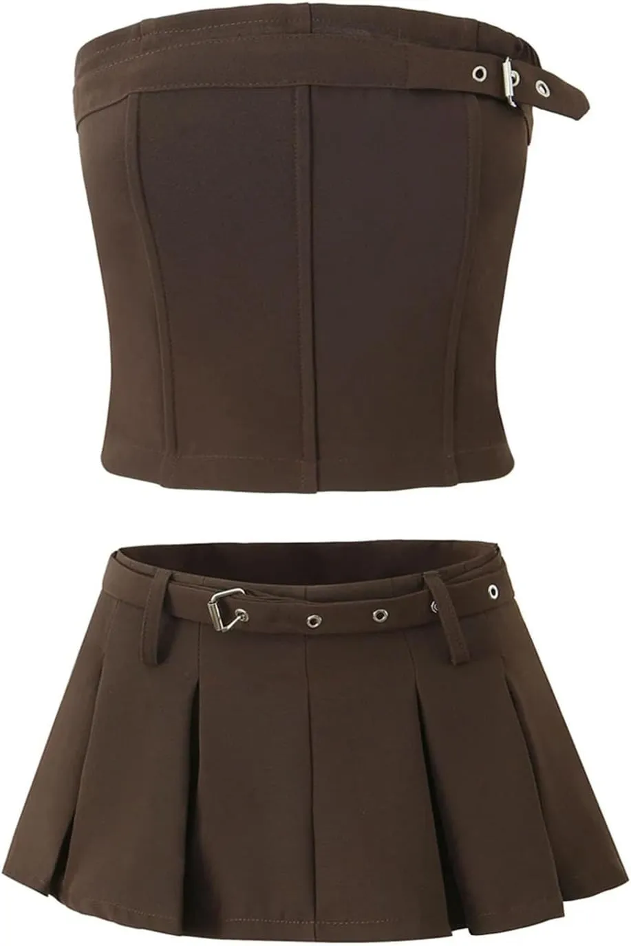 Women's Layered Shorts Set - Strapless Tank & Belted Pleated Skirt with Built-In Shorts