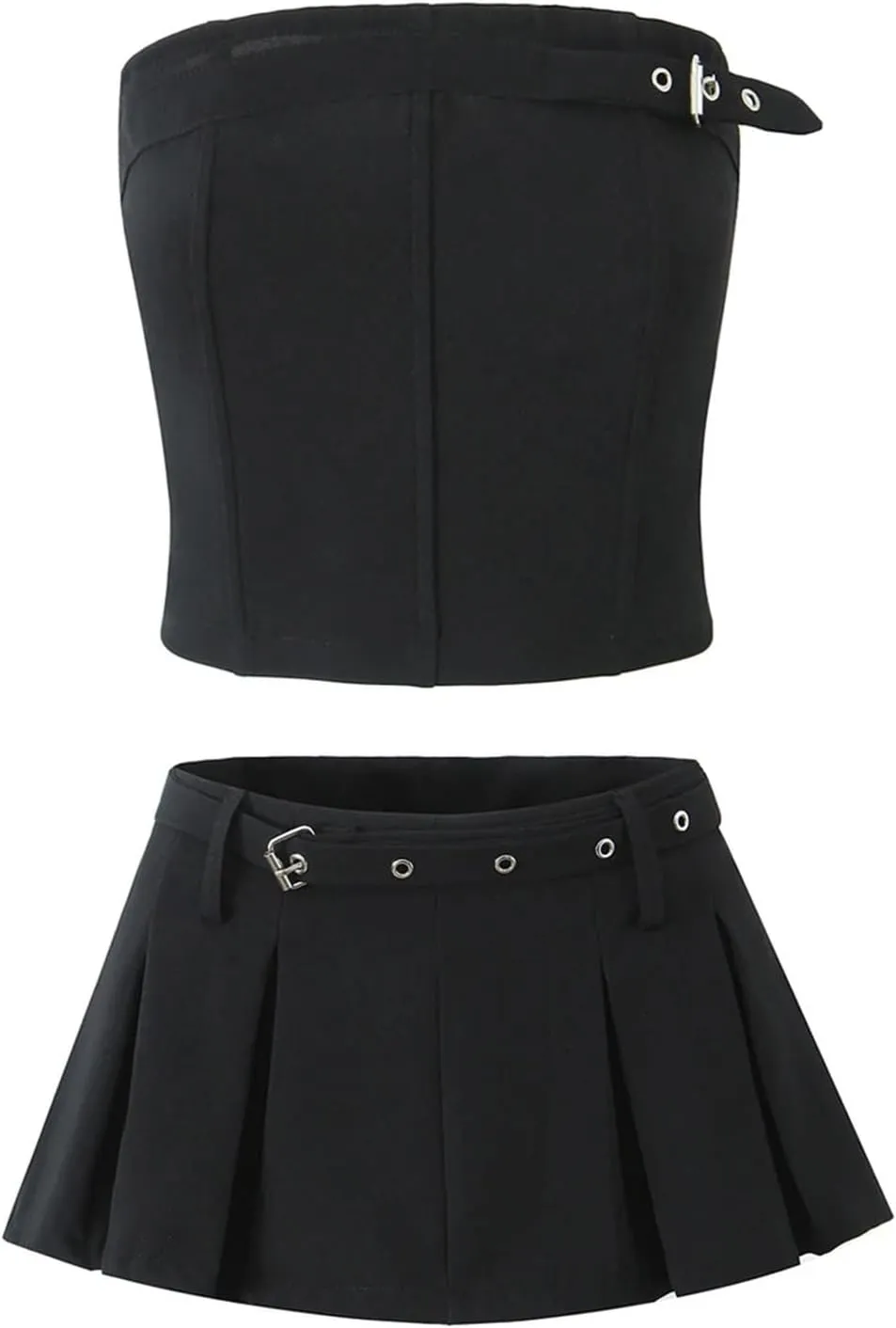 Women's Layered Shorts Set - Strapless Tank & Belted Pleated Skirt with Built-In Shorts
