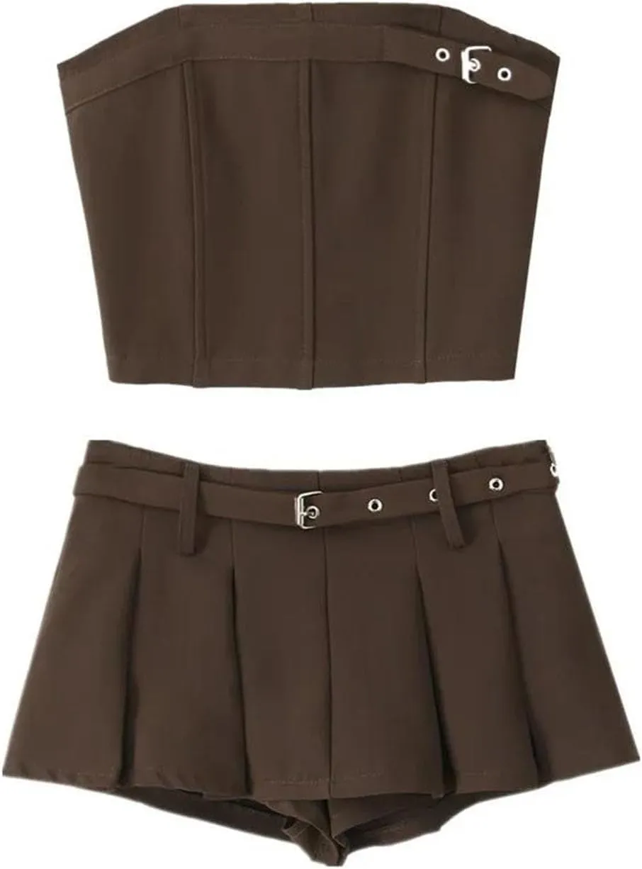 Women's Layered Shorts Set - Strapless Tank & Belted Pleated Skirt with Built-In Shorts