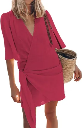 Womens Linen Mini Dress Summer Cross V-Neck Half Sleeve Dresses Casual Lightweight Wrap Tie Waist Bodycon Dresses
