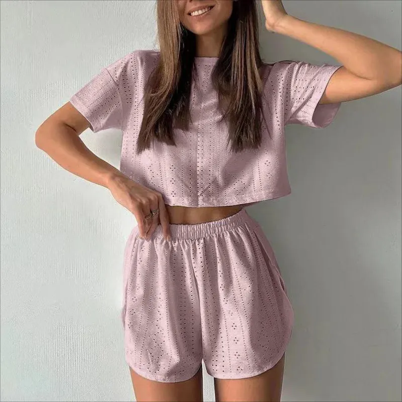 Women's Pajamas Set Spring Long Sleeve Tops With Shorts Sleepwear 2 Piece Set Loose Round Neck Home Wear Loungewear Pyjama Femme