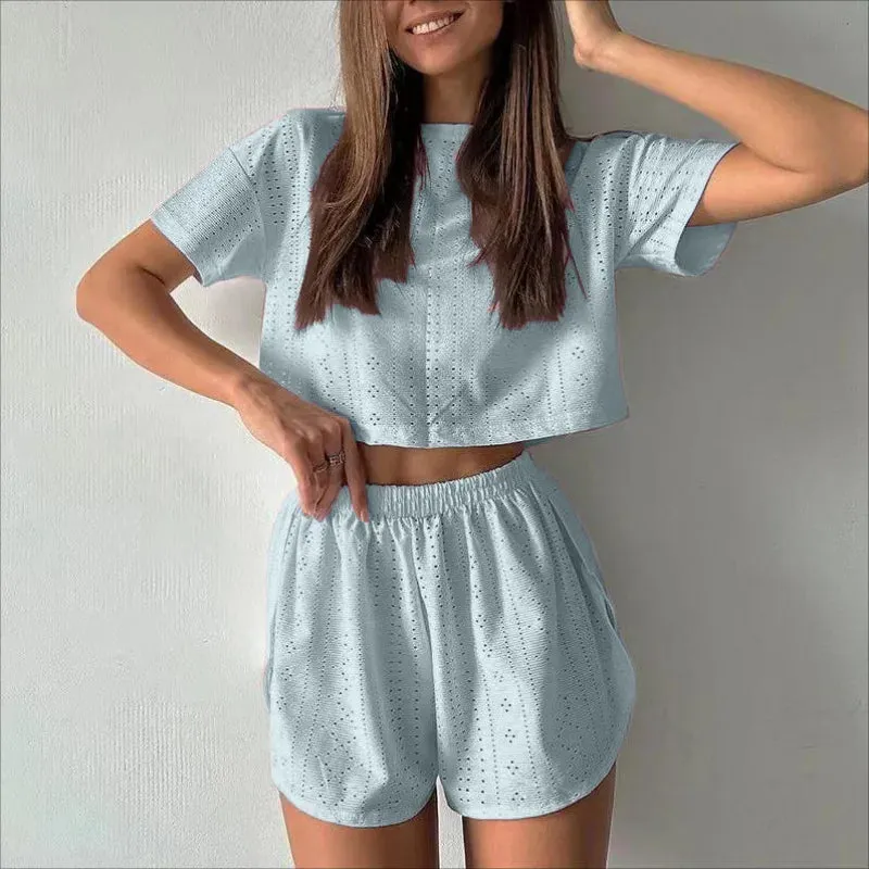 Women's Pajamas Set Spring Long Sleeve Tops With Shorts Sleepwear 2 Piece Set Loose Round Neck Home Wear Loungewear Pyjama Femme