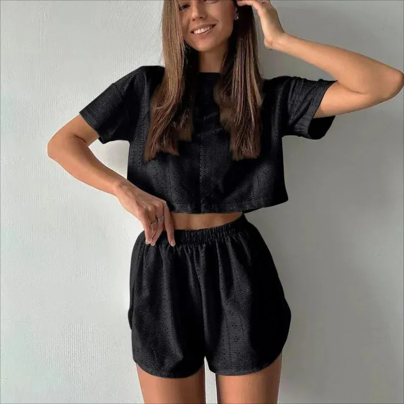 Women's Pajamas Set Spring Long Sleeve Tops With Shorts Sleepwear 2 Piece Set Loose Round Neck Home Wear Loungewear Pyjama Femme