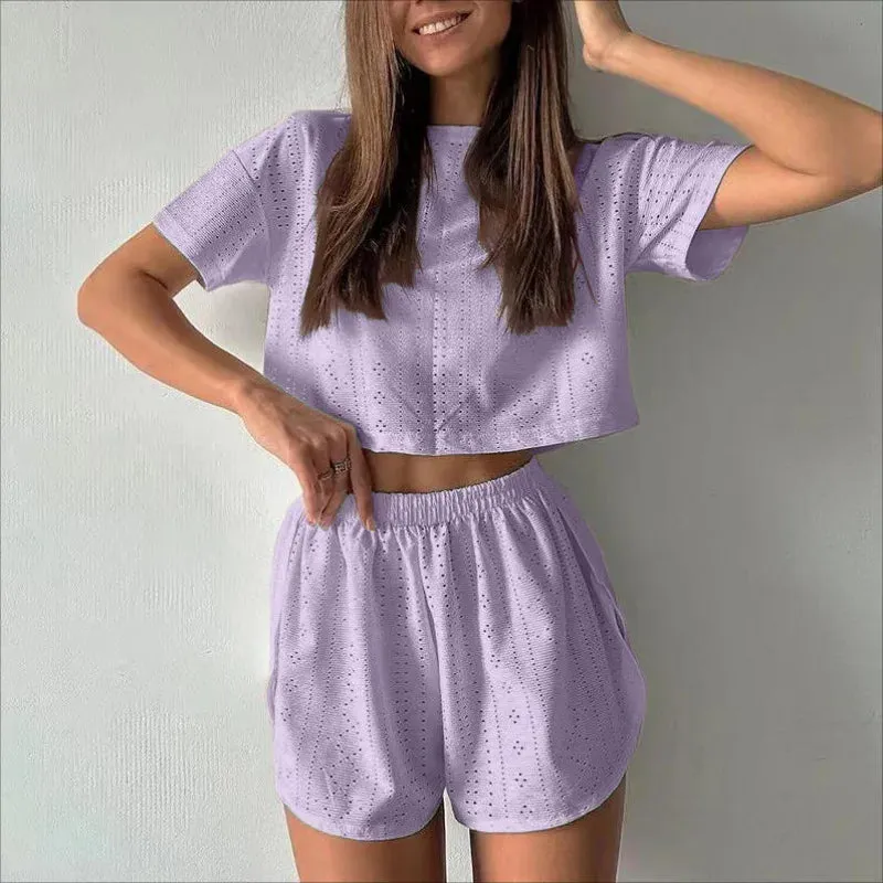Women's Pajamas Set Spring Long Sleeve Tops With Shorts Sleepwear 2 Piece Set Loose Round Neck Home Wear Loungewear Pyjama Femme