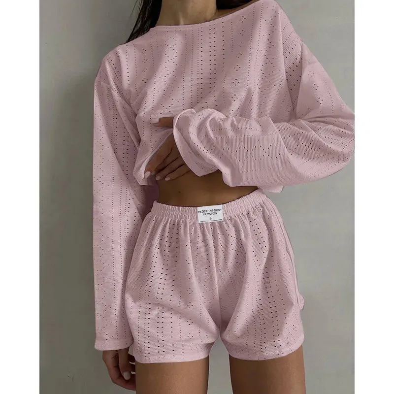 Women's Pajamas Set Spring Long Sleeve Tops With Shorts Sleepwear 2 Piece Set Loose Round Neck Home Wear Loungewear Pyjama Femme