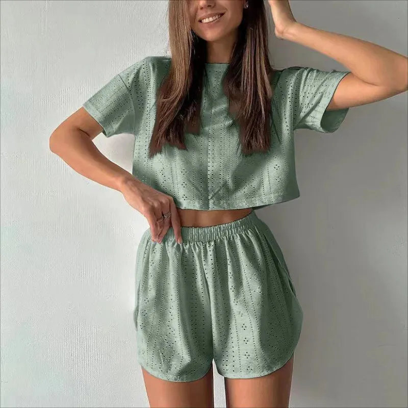 Women's Pajamas Set Spring Long Sleeve Tops With Shorts Sleepwear 2 Piece Set Loose Round Neck Home Wear Loungewear Pyjama Femme