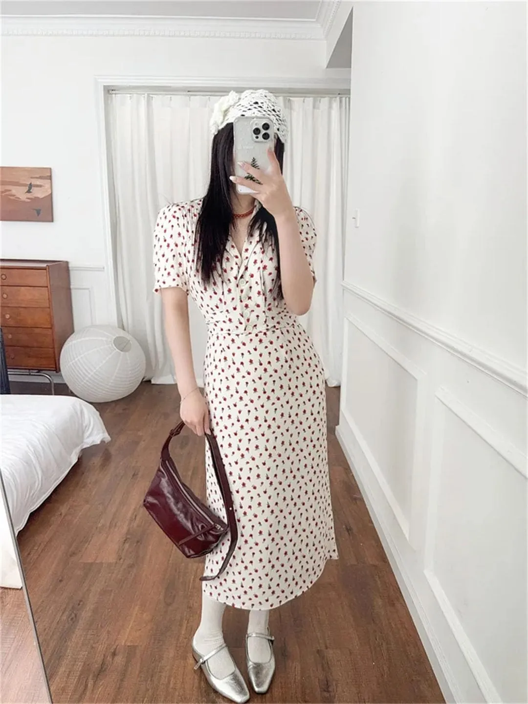Women's Print Holiday Midi Dress Short Sleeve Turn-Down Collar Waist Cinching with Buttons Robes Dresses