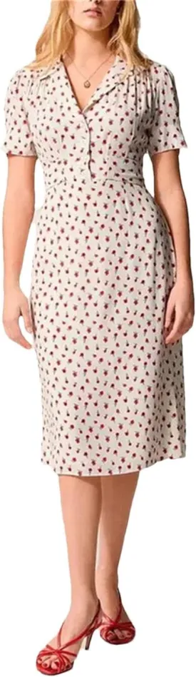 Women's Print Holiday Midi Dress Short Sleeve Turn-Down Collar Waist Cinching with Buttons Robes Dresses