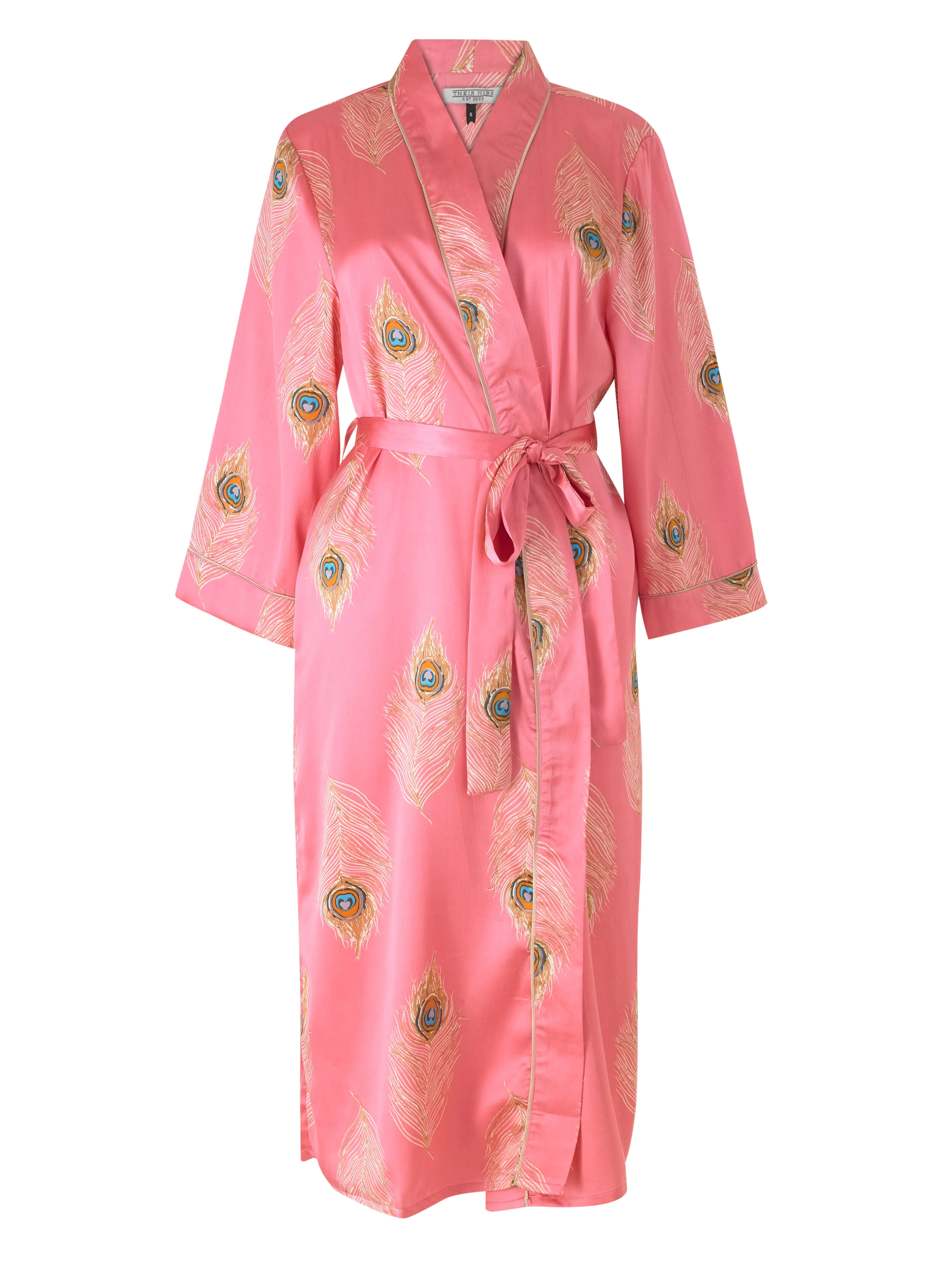 Womens Satin Kimono Robe Gold Peacock Feather