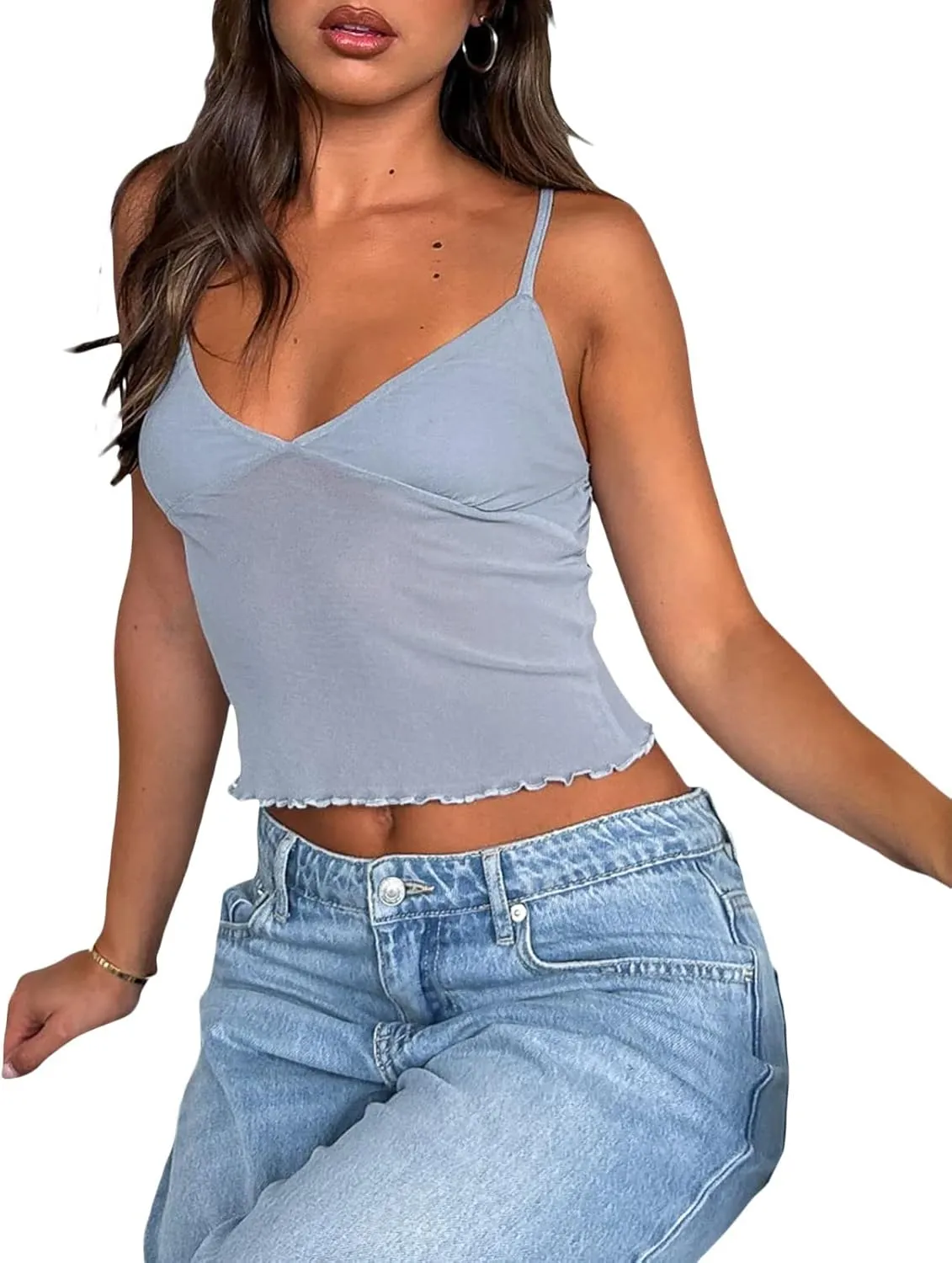 Women's Y2K Lace Cami Tank Top Sexy Spaghetti Strap Crop Camisole Backless Bustier 2024 Summer Going Out Tops