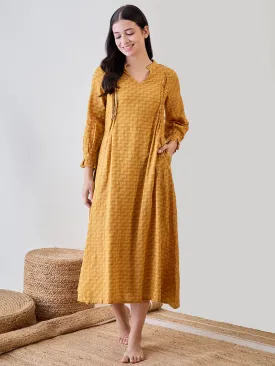 Yellow  Zig Zag Printed Cotton Nightdress