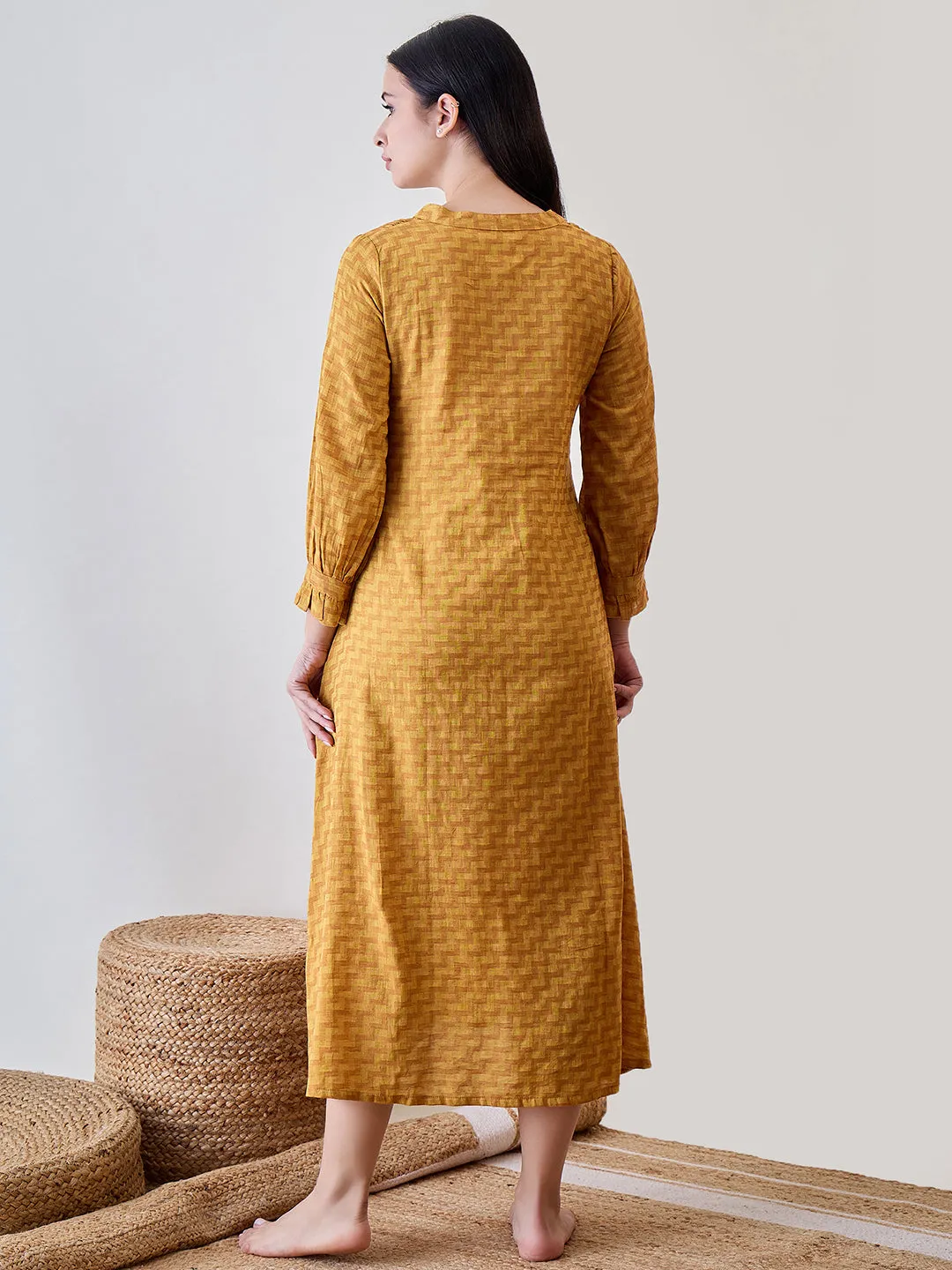 Yellow  Zig Zag Printed Cotton Nightdress