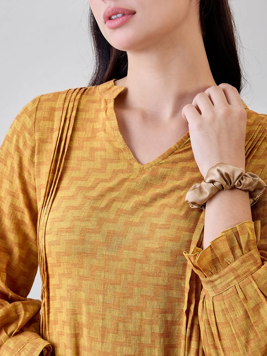 Yellow  Zig Zag Printed Cotton Nightdress