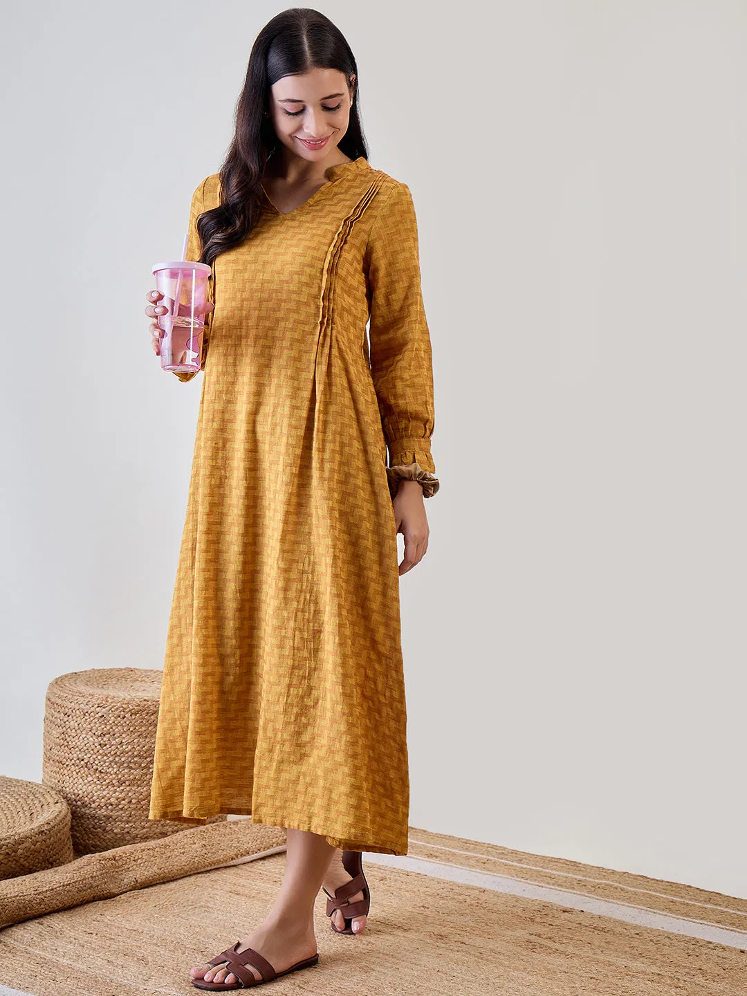 Yellow  Zig Zag Printed Cotton Nightdress