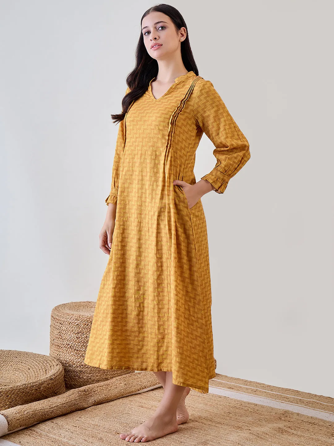 Yellow  Zig Zag Printed Cotton Nightdress