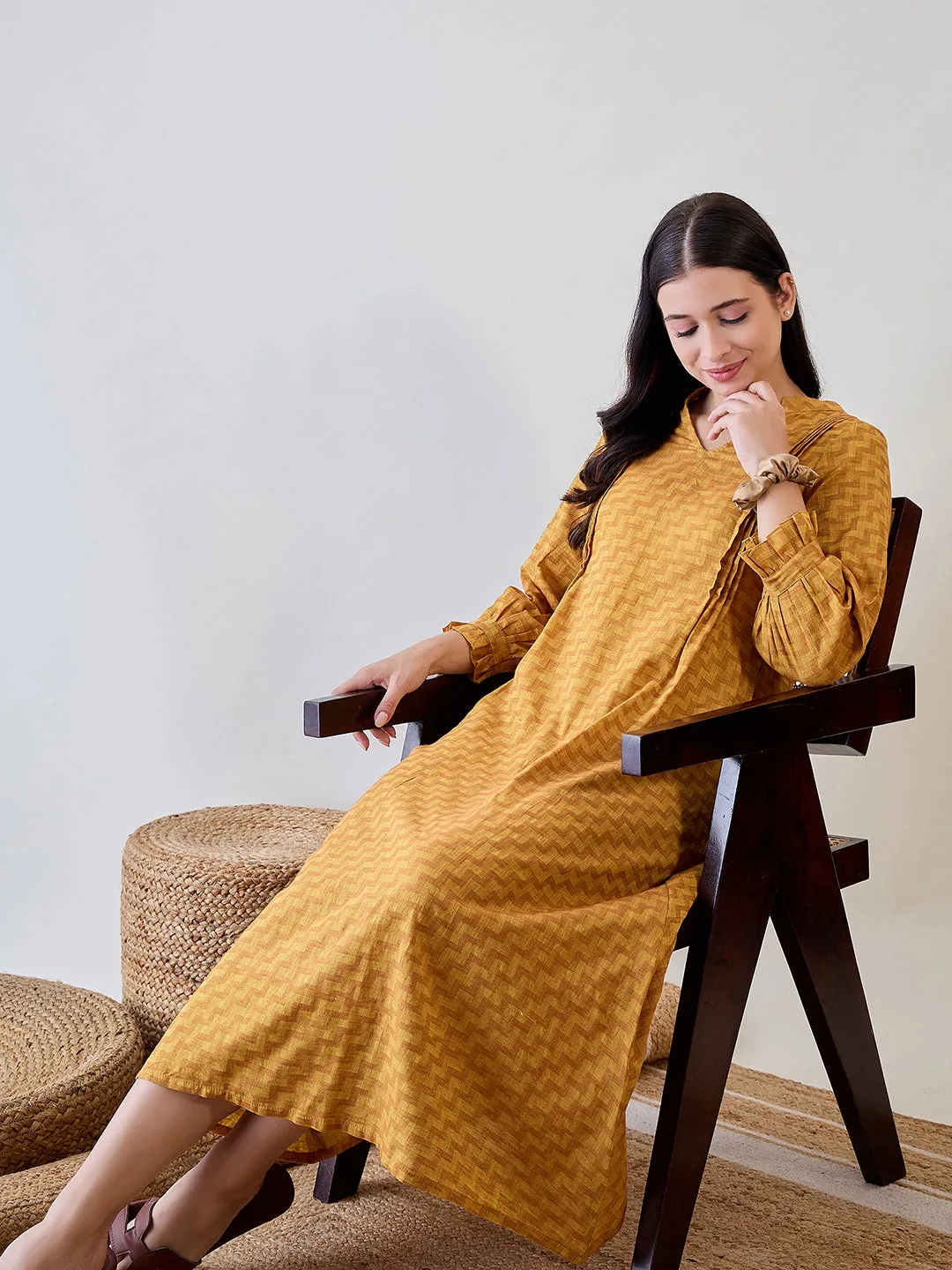Yellow  Zig Zag Printed Cotton Nightdress