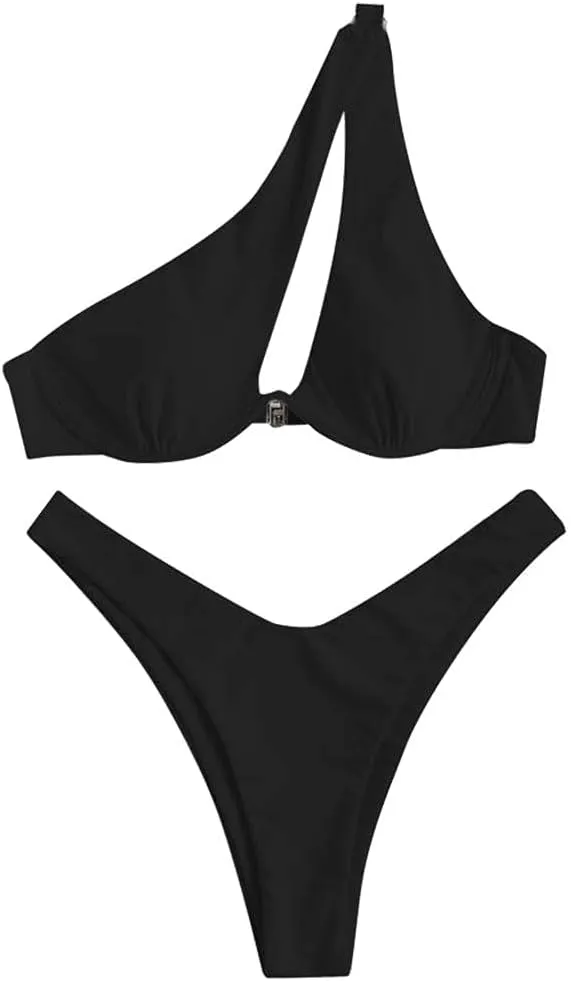 ZAFUL Women's Sexy Cutout One Shoulder Bikini Underwire Padded Two Piece Bathing Suit Cheeky Thong Brazilian Swimsuit